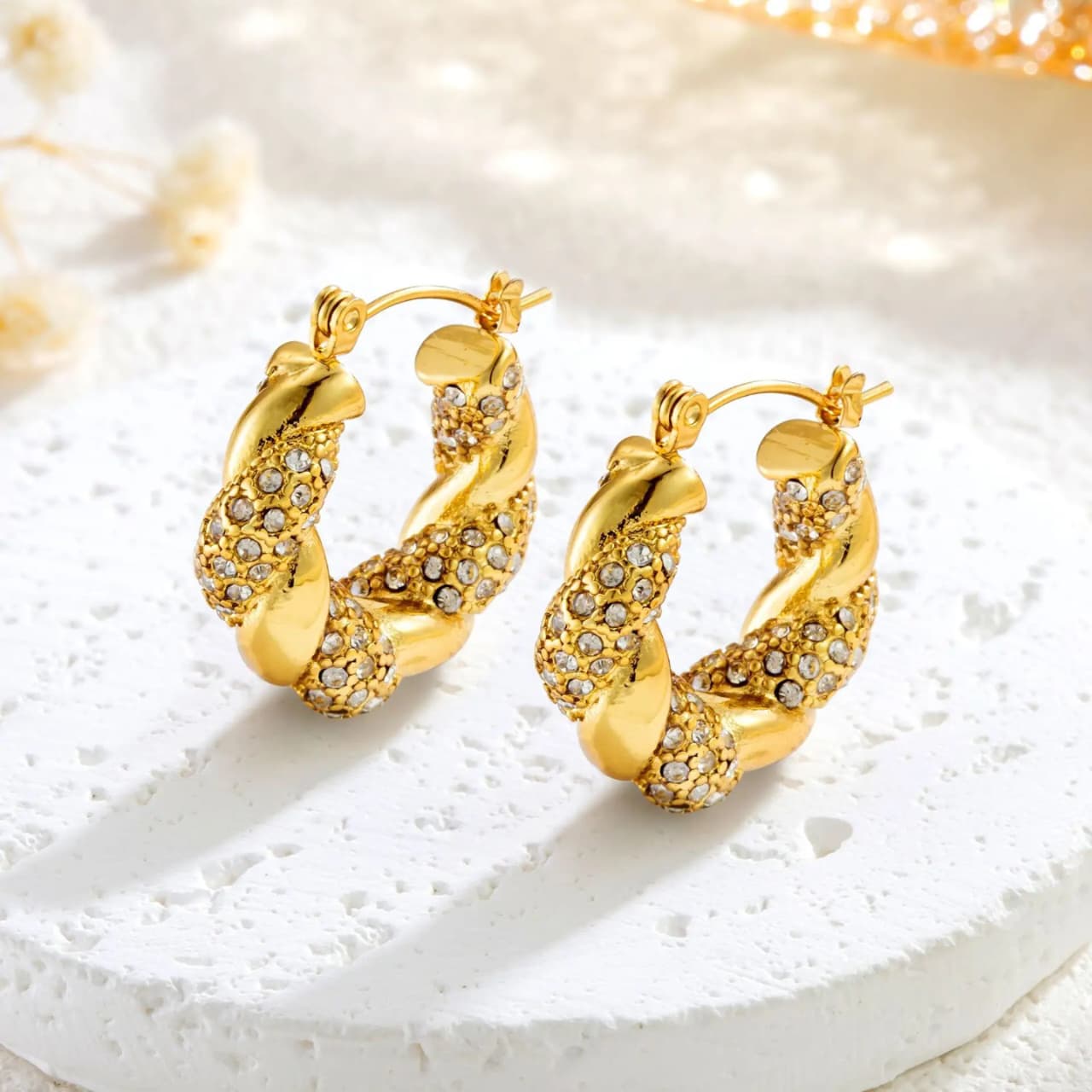 WhatsApp Image 2025-05-30 at 4.10.23 PM Zircon Gold Twist Hoop Earrings - Image 3