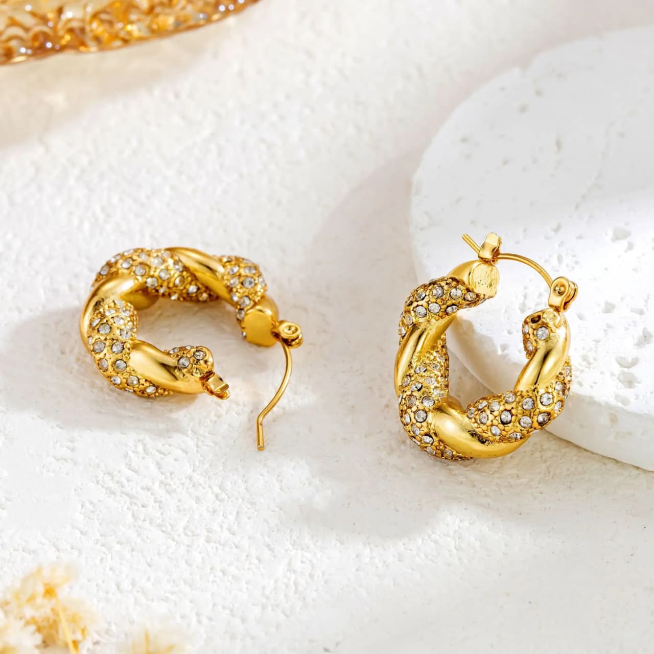 WhatsApp Image 2025-05-30 at 4.10.25 PM Zircon Gold Twist Hoop Earrings - Image 4