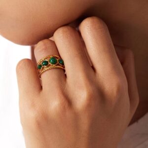 Vibrant Waterproof Gold Green Gemstone Ring